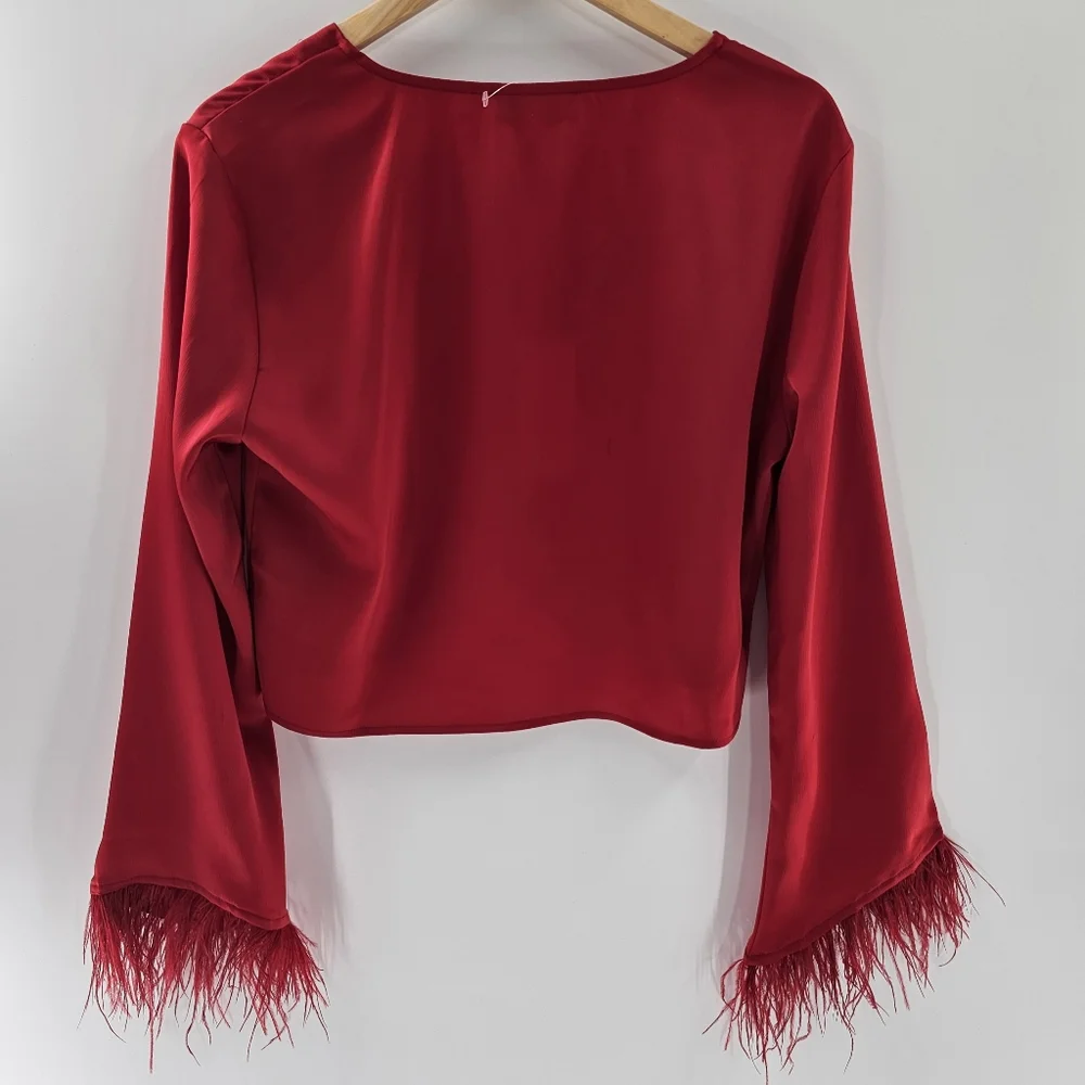 WAYF Red  Long Sleeved Feather-Trim Cropped Satin V-Neck Top Womens Size Small - Picture 2 of 11